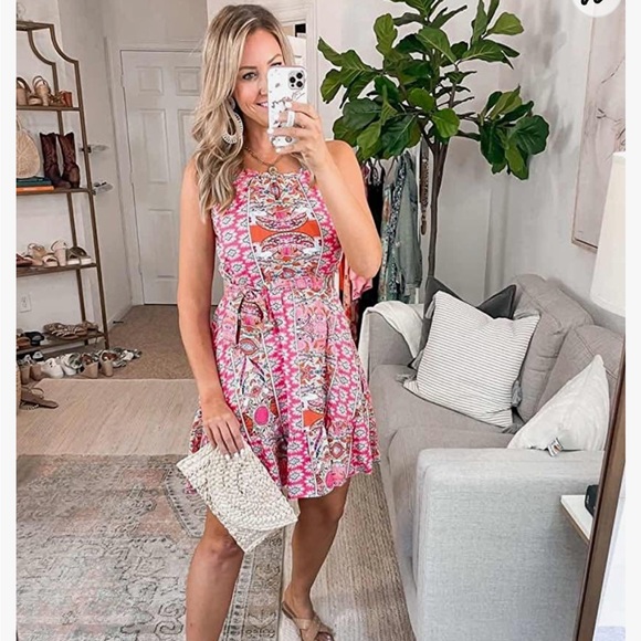 Pretty Garden Dress size L summer pink floral design dress - Picture 5 of 16